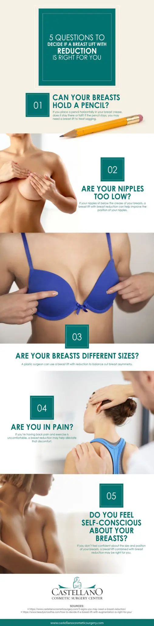 5 Questions to Decide if a Breast Lift with Reduction Is Right for You August 2018 infographic from Dr. Joseph Castellano