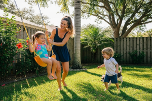 mom in backyard with kids