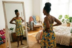 woman trying on dress in mirror
