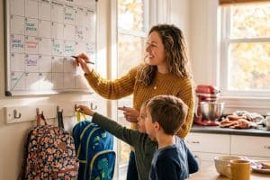 woman getting her kids ready for back to school
